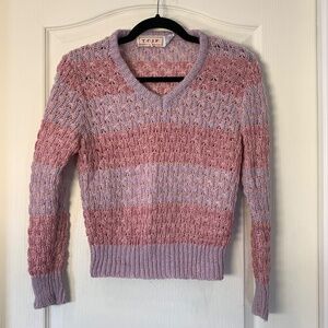 TGIF Vintage-Style Crochet Knit Sweater (M) | Soft‎ Pink & Lilac | Cropped Look